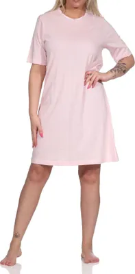 Produktbild von Elegantes Damen kurzarm Nachthemd in Streifenoptik mit Spitzenbesatz - auch in Übergrössen ; rosa , 36-38