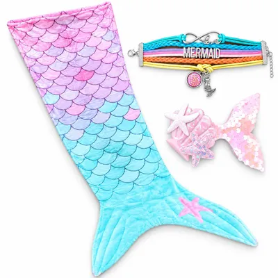 Produktbild von 3-teiliges Meerjungfrauen-Set für Kinder – Kuscheldecke mit Armband & Haarspange, KI-generiertes Bild