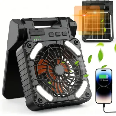 Produktbild von 3-in-1 Solar Camping Fan mit LED, 4 Geschwindigkeitsstufen, 3 Helligkeiten, 5200 mAh, Timer, Handyaufladung, für Camping, Zuhause, Büro