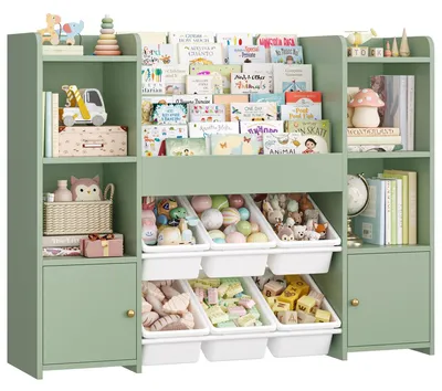 Image de Étagère à jouets pour enfants - Rangement pour jouets avec étagère à livres - 8 bacs amovibles - 4 niveaux - Bois - 119 x 29,5 x 94 cm - Vert
