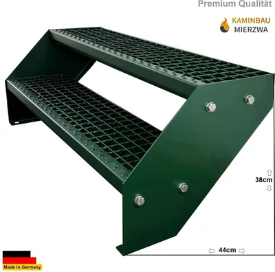Produktbild von Gitterrost Stahl Wangentreppe 2 Stufen Verzinkt & Grün Pulverlackiert - (L x B x H) 44cm x 120cm x 38cm