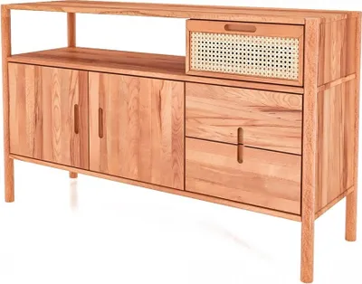 Produktbild von Kommode Zola Kernbuche massiv und Rattan 142x86 cm mit 3 Schubladen und 2 Türen