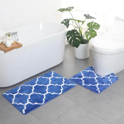 Image de Tapis de bain Ensemble de 2 tapis de salle de bains Tapis de douche combiné antidérapant en microfibre avec tapis de toilette en forme de U - Bleu