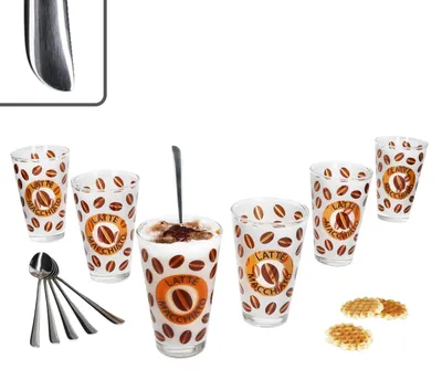Produktbild von 12tlg Set Cremona Latte Macchiato Gläser orange + Twist Löffel L19cm 6 Personen