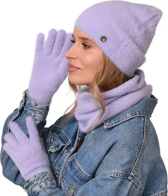 Produktbild von Damen-Set Mütze + Schal + Handschuhe, warm, Winterflieder
