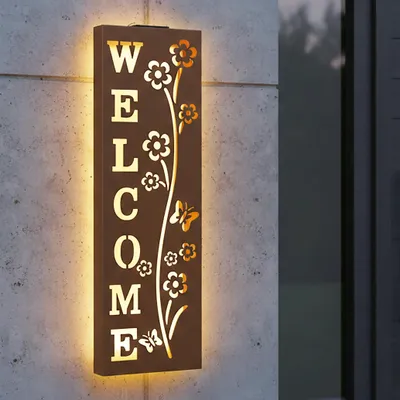 Image de Tableau mural solaire métallique WELCOME aspect rouillé - 61 x 20 cm - Éclairage décoratif mural étanche 5 LED blanc chaud