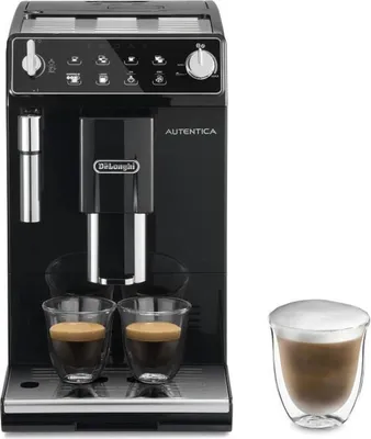 A black DeLonghi Autentica coffee machine with two cups of espresso and a separate cup of cappuccino.