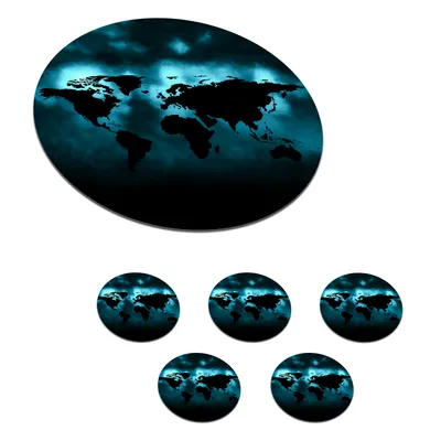 Produktbild von KitchenYeah®  Glasuntersetzer Rund 6er Set Weltkarte - Schwarz - Blau 10x10 cm Untersetzer für Gläser - Getränkeuntersetzer - Tischplattenschutz - Tischuntersetzer für Tassen Tisch Bar Glas