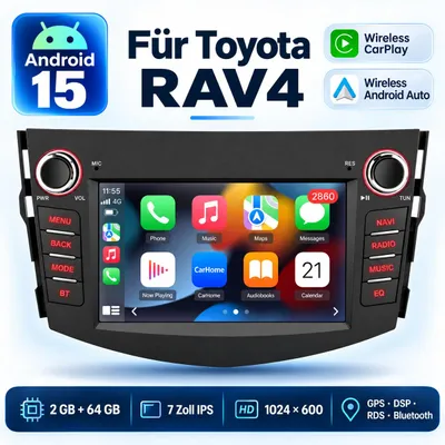 Image de Autoradio Android 15 de 7 pouces pour Toyota RAV4, avec 2 Go de RAM et 64 Go de stockage, compatible avec CarPlay et Android Auto sans fil, GPS, WiFi, Bluetooth 5.0, RDS et DSP, Image générée par une IA