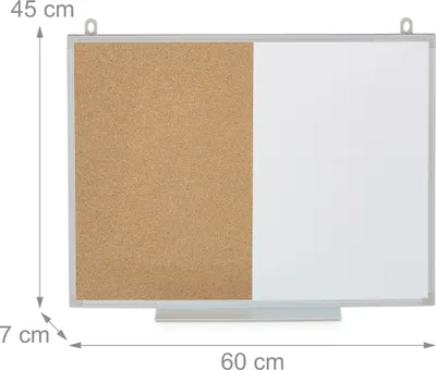 Obrázek produktu pro Relaxdays Kombinovaná tabule 2 v 1, korková nástěnka a magnetická tabule, hliníkový rám, kombinovaná tabule s odkládací plochou, 45 x 60 cm, bílá/přírodní
