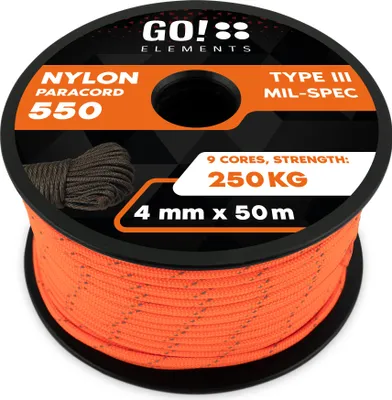 Produktbild von GO!elements 50m Paracord Seil aus reißfester Nylonschnur - 4mm Paracord 550 Typ III Schnur - geeignet als Allzweckseil & Reepschnur - Max. 250kg, Farbe: Orange-Reflektierenden