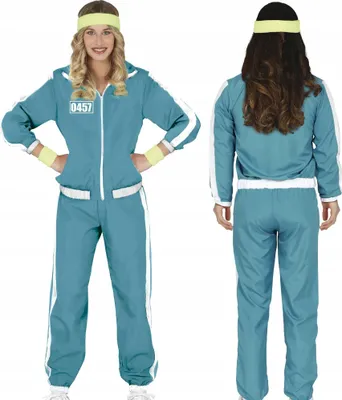 A woman wearing a teal tracksuit with white stripes, presented from the front and back.