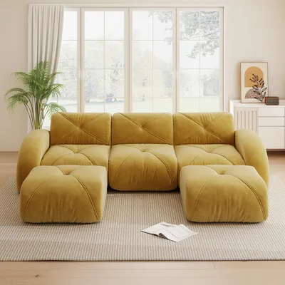 Imagen del producto de Sofá modular en forma de U, color amarillo, con tres plazas y reposapiés de chenilla, diseño sin marco, antideslizante y sin necesidad de montaje, dimensiones: 281x171x76 cm