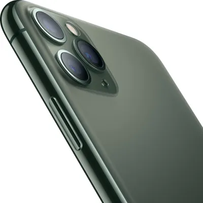A close-up, angled view of the back of a green iPhone 11 Pro Max, focusing on the camera array.