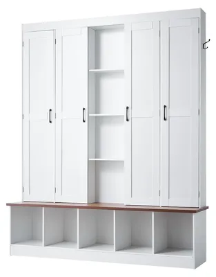 Immagine prodotto di Portaabiti SucceBuy, dimensioni 1595x396x1948 mm, design 4-in-1 con panchina, ganci, spazio contenitivo e ripiano per scarpe, mobile per ingresso in legno, ideale per ingresso, corridoio o disimpegno, colore bianco