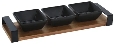 Produktbild von Excellent Houseware Tapas-Servierset, Keramik/Bambus, 32x10x4 cm, schwarz/braun