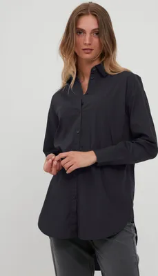 Produktbild von b.young BYGAMZE Damen Langarmshirt Langarmbluse Bluse Hemdbluse mit Stehkragen langer Schnitt mit Knopfleiste aus 100% Baumwolle Oversize
