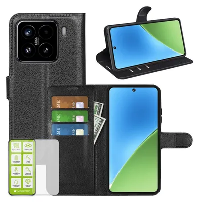 Obrázek produktu pro Pro Xiaomi 15 Umělá kůže Book Wallet Mobilní telefon Pouzdro Černá + 9H Tvrdé sklo