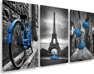 Obrázok produktu pre Obraz na plátne Paríž s modrým akcentom, Veľký triptych na stenu 90x180