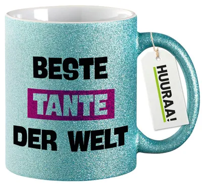 Produktbild von Huuraa Glitzertasse Beste Tante der Welt 330ml Blau Keramik Kaffeebecher Geschenkidee