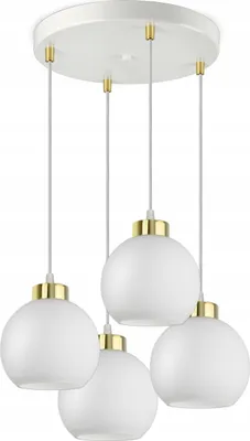 A white ceiling lamp with four glass globes hanging from a white circular base.