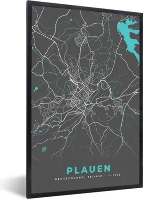 Produktbild von MuchoWow® Gerahmtes Poster Stadtplan - Deutschland - Blau - Plauen - Karte 20x30 cm - Poster mit Schwarzem Bilderrahmen Wandposter Rahmen Foto Bilder - Drucken - Bilder Poster im Rahmen