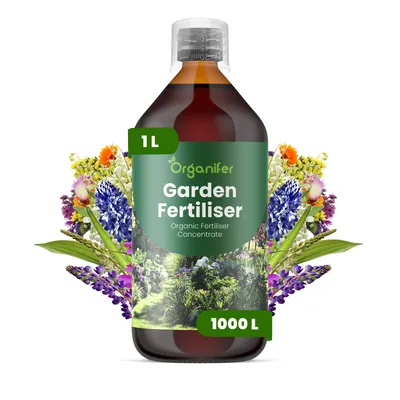 Obrázok produktu pre Tekuté hnojivo do záhrady, 1 liter – vzorec NPK 2-1-8 – vhodné pre ruže, trvalky a cibuľoviny – podporuje silný rast, zdravé korene a bohaté kvitnutie – značka Organifer