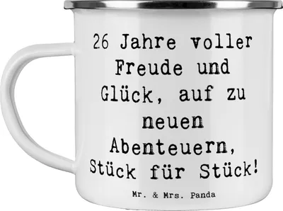 Produktbild von Mr. & Mrs. Panda Emaille Tasse Spruch 26. Geburtstag Abenteuer - Weiß - Geschenk, Jahre, Alter, Geburtstagsdeko, Kaffeepott, Happy Birthday, Haferl, Glück, Teetasse, 26