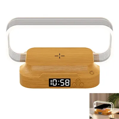 Produktbild von Schlafzimmer Nachttischlampe, dimmbares Nachtlicht, Touch Lampe, mit Uhr & Wireless Charger, stufenlos dimmbar