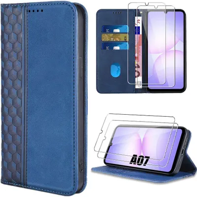 Image de Coque + 2 Verres Trempés pour Samsung Galaxy A07, Flip Case Synthécuir Antichoc - Bleu Marine