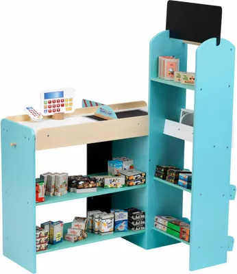 Image de Theo Klein 9391 Supermarché, bois (MDF) I Magasin moderne avec caisse, armoire, tableau à craies et accessoires