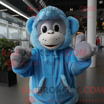 Produktbild von Himmelblauer REDBROKOLY Affe Maskottchen Kostüm Charakter bekleidet mit einem Sweatshirt und Fäustlingen