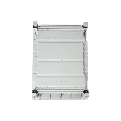 A top-down view of a gray electrical enclosure on a white background.