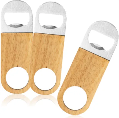 Produktbild von com-four® 3x Flaschenöffner aus rostfreiem Edelstahl mit Naturholz-Griff - Kapselheber in schlichtem Design