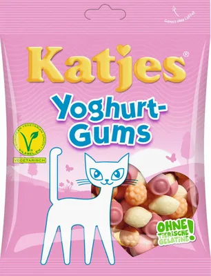 A bag of Katjes Yoghurt Gums with a cat illustration.
