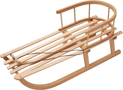 A wooden sled with a backrest and a rope for pulling, shown against a white background.
