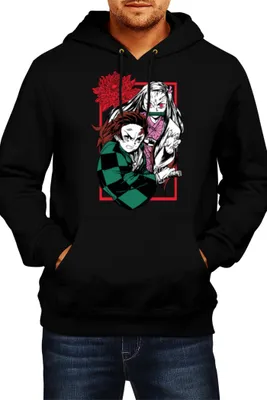 Zdjęcie produktu dla Męska Bluza Z Kapturem Japan Manga Comics Anime Demon Anime Slayer Tanjiro Nezuko Kamado 002 Var-023 Brother Slayer Sister Demon, Man 2XL / Czarny
