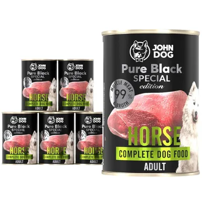 Produktbild von John Dog Hundefutter Pferdefleisch - Premium Getreidefreies Hundenassfutter mit 99% Fleisch - Monoprotein Nassfutter - Pure Black Special Edition 6 x 400g