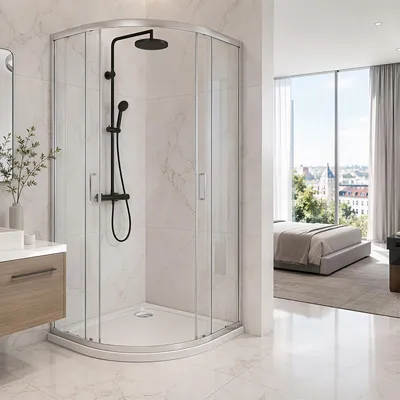 Immagine prodotto di Vaschetta doccia in acrilico Ikodm, 90x90 cm, bianca, 4 cm di altezza, scarico in cromo con filtro anticalcare