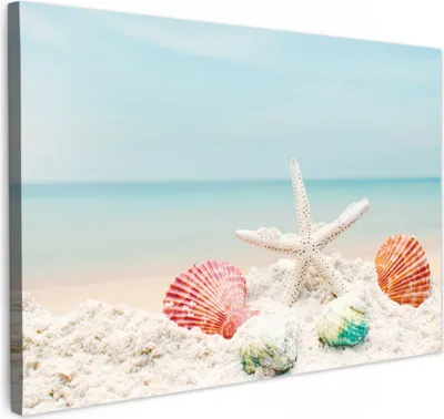 Produktbild von MuchoWow® - Leinwandbilder - Strand - Seesterne - Muscheln - Meer, Wandbild, Wanddeko Bilder Wohnzimmer, 120x80 cm