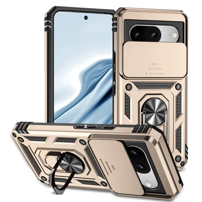 Immagine prodotto di Custodia per Google Pixel 8 a doppio strato con copertura scorrevole della fotocamera e supporto ad anello Oro