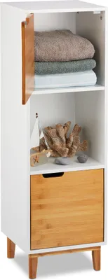 Image de Étagère sur pied Relaxdays blanche, meuble d'appoint en MDF et bambou, étagère de salon, style scandinave, L x P x H 101 x 32 x 30 cm, blanc