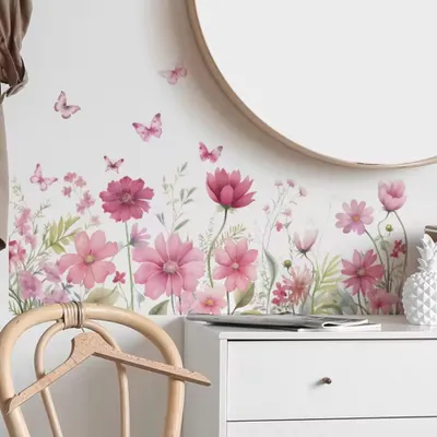 Produktbild von Romantische Schmetterling Blumen Wandsticker Rosa Blüten Wandtattoo Selbstklebend Abnehmbar Schlafzimmer Wohnzimmer Mädchenzimmer Dekoration