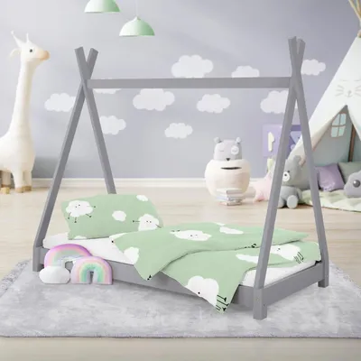 Produktbild von ML-Design Kinderbett Tipi 70x140 cm mit Lattenrost, Hellgrau, Indianer Bett aus Kiefernholz, Bodenbett, Holzbett, Jugendbett Bettenhaus Spielbett Zelt