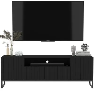 Zdjęcie produktu dla Nowoczesna Komoda RTV Szafka RTV Glamour Czarny Mat Czarna Rama 150 cm półka na sprzęt RTV