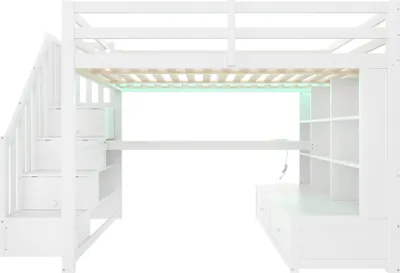 Produktbild von Flieks Etagenbett 140x200cm mit Schreibtisch und Regal, Kinderbett Doppelbett mit Led und Ladefunktion, Hochbett Holzbett mit Rausfallschutz, Weiß