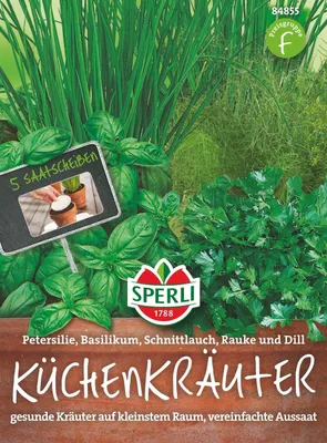 Produktbild von Sperli Küchenkräuter Petersilie Basilikum Schnittlauch Rauke Dill - 5 Saatscheiben - Kräutersamen