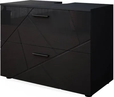 A black, high-gloss vanity cabinet with a geometric design on the drawer fronts.