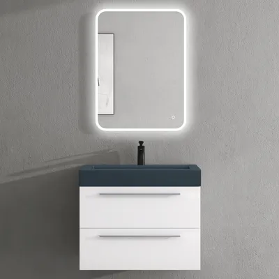 Produktbild von doporro Badmöbel-Set Waschbeckenunterschrank mit Soft-Close in Matt Weiß 73x48x60cm Waschplatz komplett Set inkl. Mineralguss-Waschbecken in matt Anthrazit und Led-spiegel Quadratto