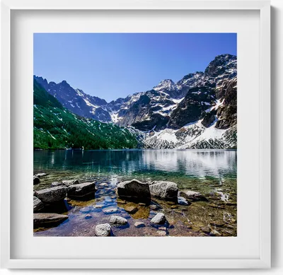 Produktbild von Bergsee - Landschaft– Wandbild mit Rahmen – Gerahmtes Bild  – Wanddekoration – 50x50 cm –  Weiß Rahmen
